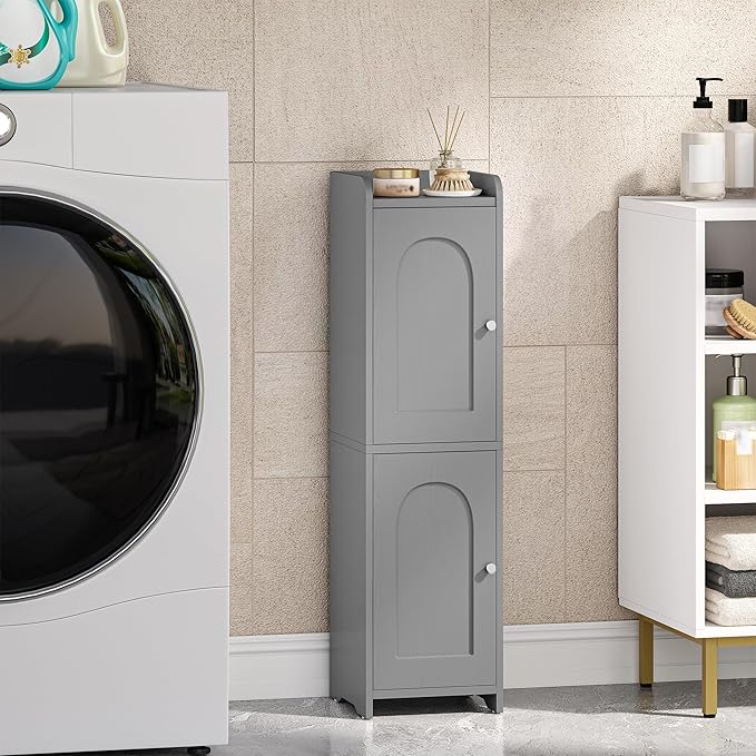 Hzuaneri Bathroom Storage Cabinet, Small Corner Floor Cabinet with 2 Doors and Adjustable Shelf, Narrow Toilet Paper Cabinets, Bathroom Organizer for Small Spaces, 7.9" D x 7.9" W x 29.5" H Gray