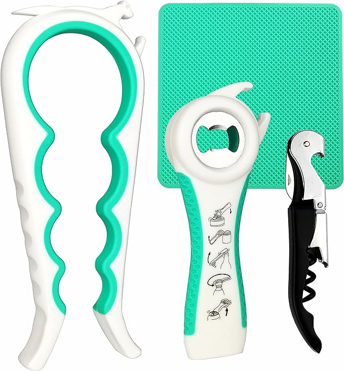 Otstar Jar Opener Bottle Opener and Can opener for Weak Hands,Seniors with Arthritis, Elderly, Jar Lid Opener Gadgets with Rubber Jar Opener Gripper Pad and Corkscrew Opener