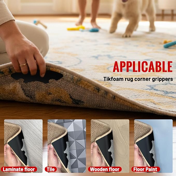 Rug Non Slip Grippers, Reusable Rug Tape, No Damaging for Floor, Carpet Corner Stickers for Hardwood Floors and Tiles, Strong Hold Carpet Gripper for Area Rugs, 24Pcs