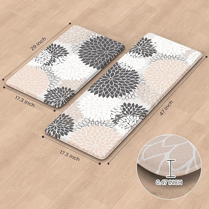 Kitchen Rugs and Mats Cushioned Anti Fatigue Kitchen Mat 2PCS Non-Skid Waterproof Boho Kitchen Runner Rug Comfort Foam Standing Mat for Office,Laundry,Kitchen Sink,Grey Floral