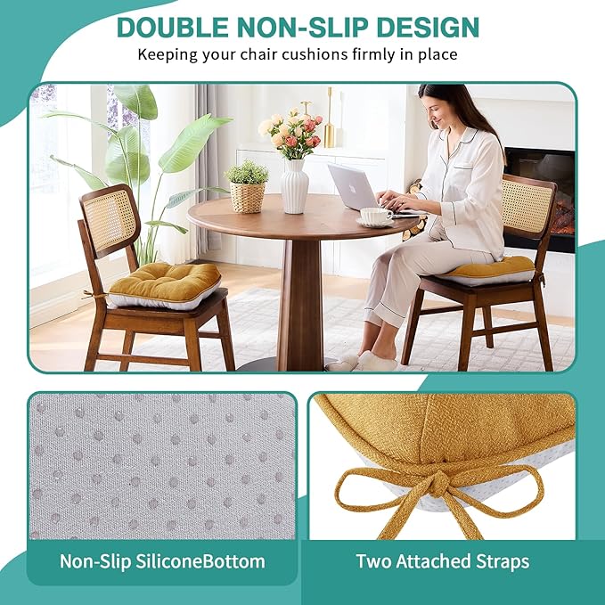 BETU Chair Cushions for Dining Chairs Set of 6,3.5" Thick Kitchen Table Chair Pads with Ties,Non Slip Backing and Covers, Seat Cushion for Dining Room,Bar,Patio Chairs,15.5"X15.5"X3.5",Yellow