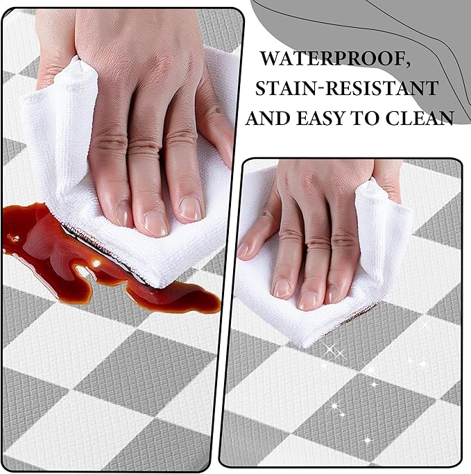 Grey Checkered Grid Checkerboard Kitchen Rug Sets [2 PCs], Anti-Fatigue, Waterproof Non-Slip Kitchen Mats Heavy Duty Ergonomic Comfort Foam Rug for Floor, Home, Laundry,17"x29"+17"x47"