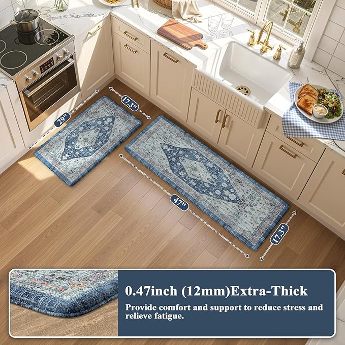 Collive Boho Kitchen Rugs Set of 2 Non Skid Kitchen Mats for Floor Cushioned Anti Fatigue Kitchen Floor Mats Waterproof Comfort Heavy Duty Foam Mats for Standing Desk Sink Laundry, 17.3"x29"+17.3"x47"