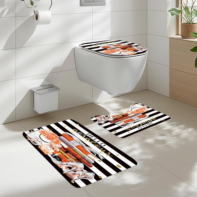 4Pcs Black and Orange Shower Curtain Set, Burnt Orange Fashion Flower Perfume High Heels Books Bathroom Curtain with Rug, Toilet Lid Cover, Bath Mat, Women Girl Shower Curtain with 12 Hooks