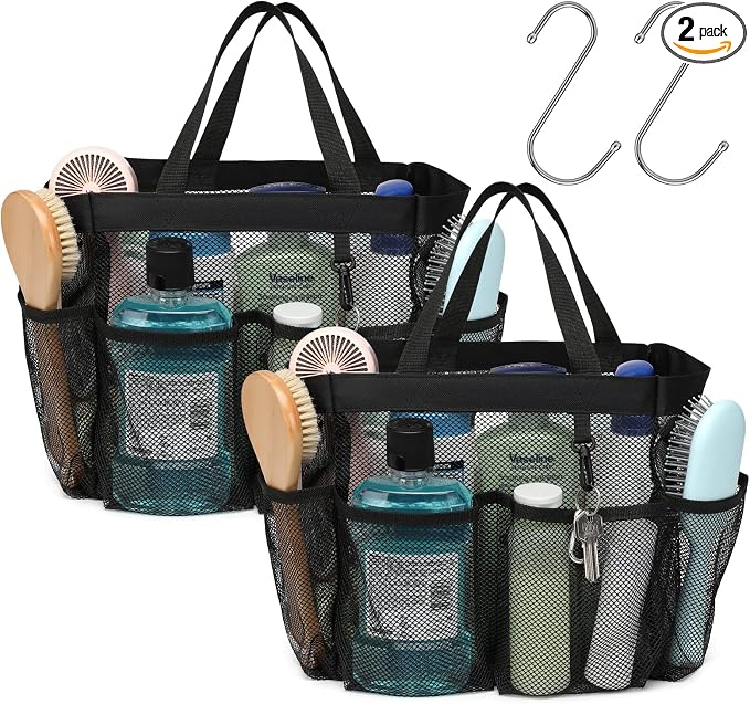 F-color Mesh Shower Caddy Portable, Upgrade Deeper 7 Pockets Shower Bag Basket Tote for College Dorm Room Bathroom Essentials Gym Camp Quick Dry 2 handles with S Hook, 2 Pack Black