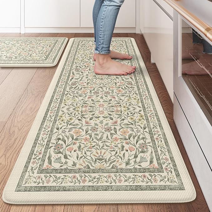 KIMODE Anti Fatigue Mats for Kitchen Floor 20"x47"+20"x32", Boho Farmhouse Kitchen Rugs Sets of 2, Cushioned Kitchen Floor Mats Non Slip, Comfort Standing Mats for Sink Laundry Desk Beige