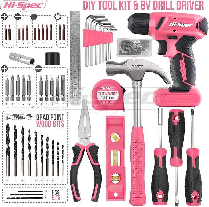 Hi-Spec 58pc Pink 8V USB Electric Power Cordless Drill Driver and Womens Ladies Home DIY Tool Kit Set. Screwdrivers, Drill Bit Set Accessories, Pliers and Hammer In a Toolbox Case