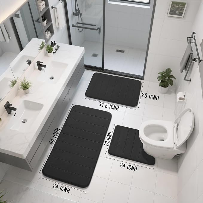 Yimobra 3 Pieces Memory Foam Bath Mat Set with U-Shaped Toilet Rug - Non Slip Super Soft Absorbent Quick Dry Bathroom Rugs for Bathtub, Vanity & Toilet Base, Black