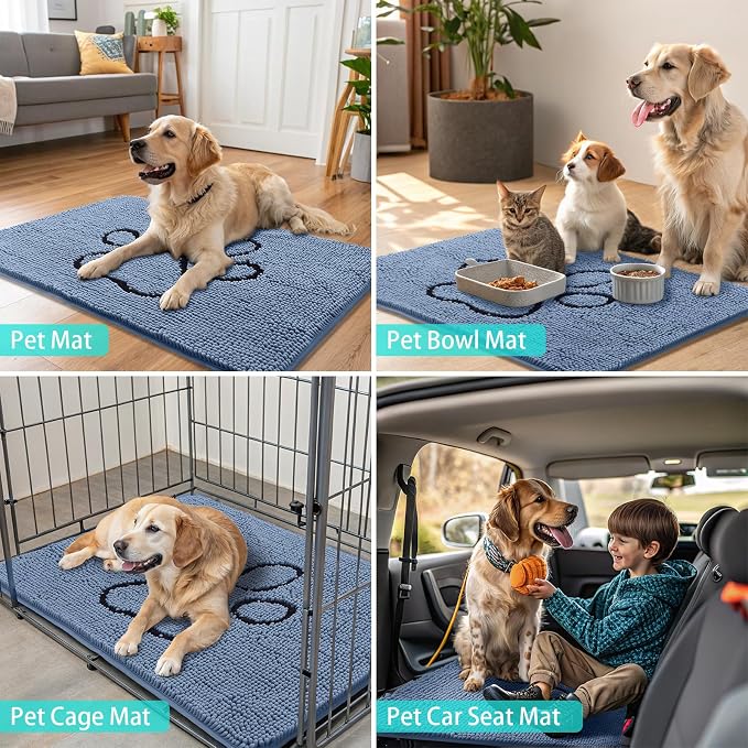 Smiry Dog Door Mat for Muddy Paws, Absorbent Dirt Trapper Non Slip Quick Dry Washable Chenille Mat for Mud Dogs, Entry Rug for Indoor and Outdoor (40x32 Inches, Airy Blue and Black)