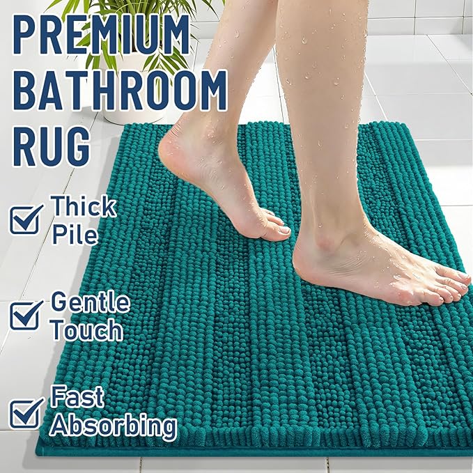 Grandaily Chenille Striped Bathroom Rugs 44x24, Extra Thick and Soft Absorbent Bath Mats, Rubber Backing, Plush Shaggy Shower Carpet, Machine Wash Dry, Bath Rug for Bathroom, Deep Lake