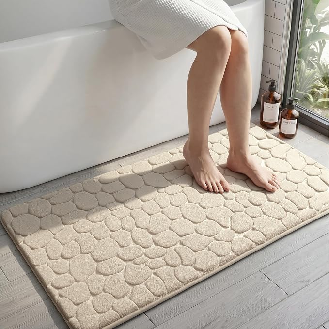YIHOUSE Memory Foam Runner Rug, Cobblestone Bathroom Runner Rugs Super Water Absorbent Bath Mats for Bathroom Machine Washable Bath Rugs for Hallway Bedroom Laundry Room(26 x 50,Khaki)