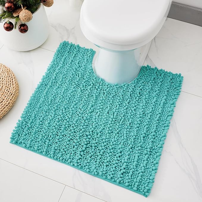Toilet Rugs U-Shaped Mat 24x24, Contour Bathroom Mat - Ultra Soft & Absorbent Chenille, Quick-Dry, Machine Washable with Non Slip Barrier Backing, Teal