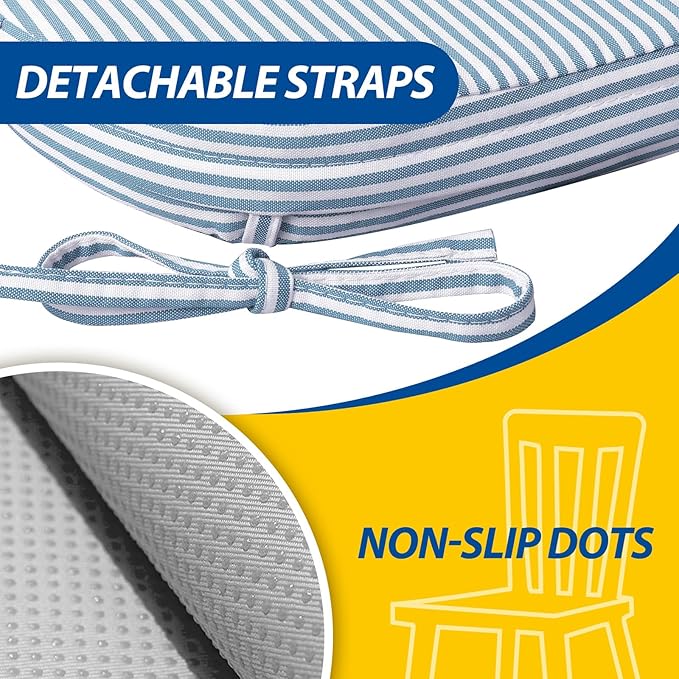 AAAAAcessories D-Shaped Chair Cushions, 2" Thick Dining Chair Pads with Ties and Removable, Machine-Washable Cover, 17" x 16", Set of 2, Pinstripe Blue