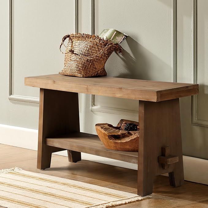 HOKYHOKY Solid Wood Entryway Bench - 31.5" Farmhouse Small Storage Bench, Rustic Narrow Bench Seat for Indoor, Entryway, Dining Room, Living Room and Hallway, Brown