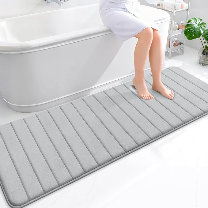 OLANLY Memory Foam Long Bathroom Rugs Runner 70x24, Super Soft Absorbent Bath Mat, Quick Dry, Machine Washable Shower Floor Rugs, Bathmat Carpet, Bathroom Home Decor Accessories, Light Gray