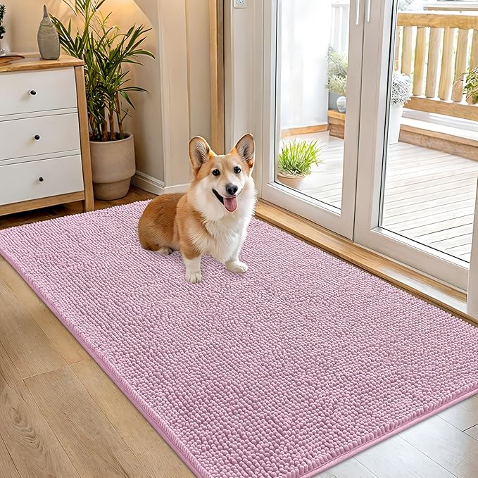 OLANLY Dog Door Mat for Muddy Paws 54x32, Absorbs Moisture and Dirt, Absorbent Non-Slip Washable Doormat, Quick Dry Chenille Mud Mat for Dogs, Entry Indoor Entryway Carpet for Inside Floor, Dusty Rose