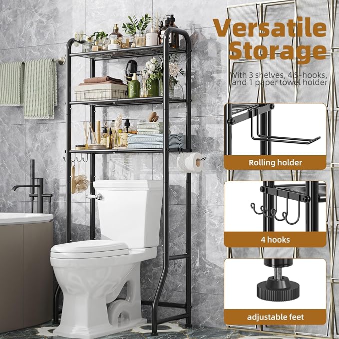 Simple Trending Over The Toilet Storage Rack, Metal 3 Tier Bathroom Organizer Shelf with Paper Holder and 3 Hooks, Freestanding Shelf Space Saver Above Toilet,Black