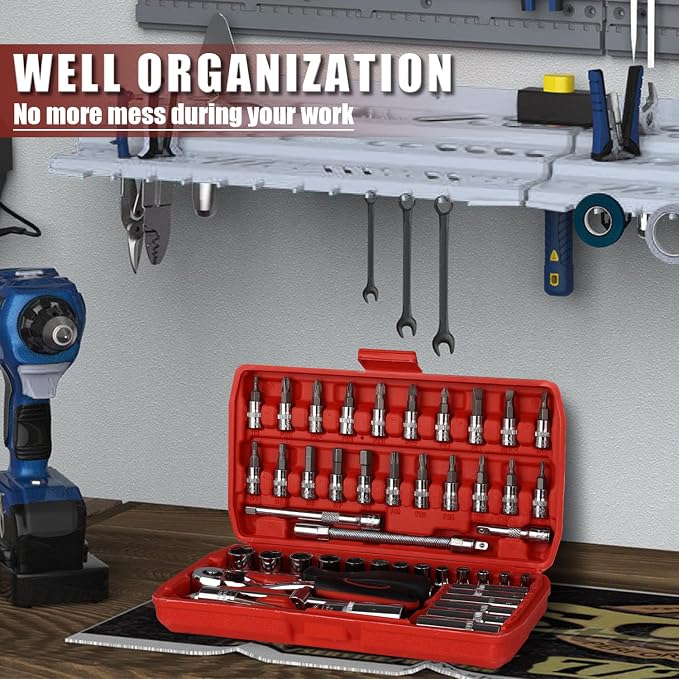 Egofine 53 Pieces 1/4 inch Drive Socket Ratchet Wrench Set with 72 Tooth Reversible Ratchet, with Bit Socket Set and Extension Bar for Auto Repairing and Household, with Storage Case