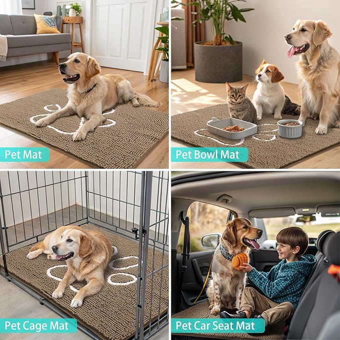 Smiry Dog Door Mat for Muddy Paws, Absorbent Dirt Trapper Non Slip Quick Dry Washable Chenille Mat for Mud Dogs, Entry Rug for Indoor and Outdoor (70x24 Inches, Camel and Black)