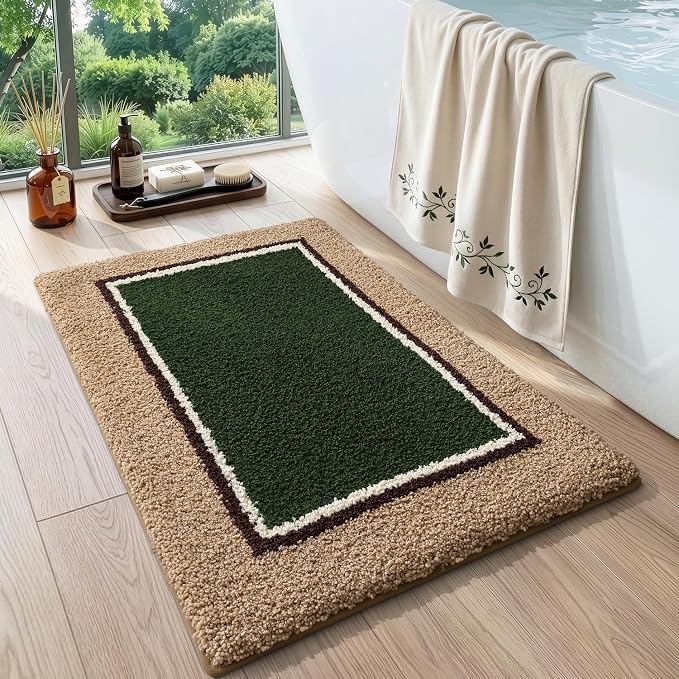 DEXI Bathroom Rugs 24x16, Absorbent Extra Soft Plush Microfiber Bath Mat for Bathroom, Non Slip Washable Bathmat Quick Dry for Shower Floor, Sink, Tub, Laundry Room, Beige and Green