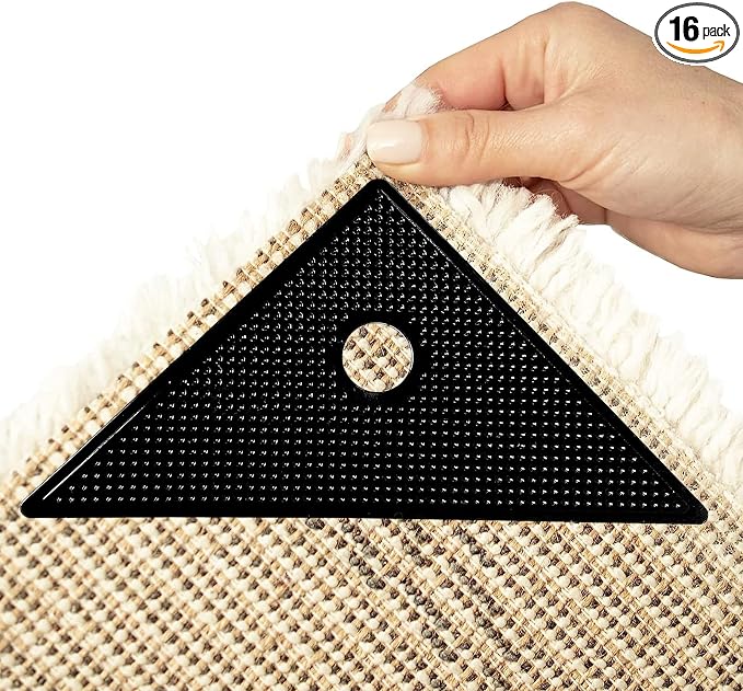 16 Pcs Rug Tape, Gripper for Rug for Hardwood Floors, Double Sided Reusable Carpet Tape Stickers, Rug Anti Slip Grips for Area Rugs, Non Slip Rug Pads (Black)