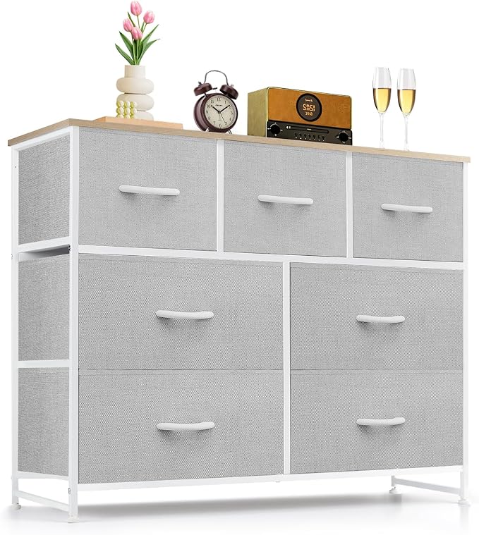 7-Drawer Dresser for Bedroom, Anti-Tip Wide Storage Organizer Fabric Chest of Drawers TV Stand for 45" TV with Wooden Top and Metal Frame for Closet, Living Room, Hallway, Entryway, Light Gray