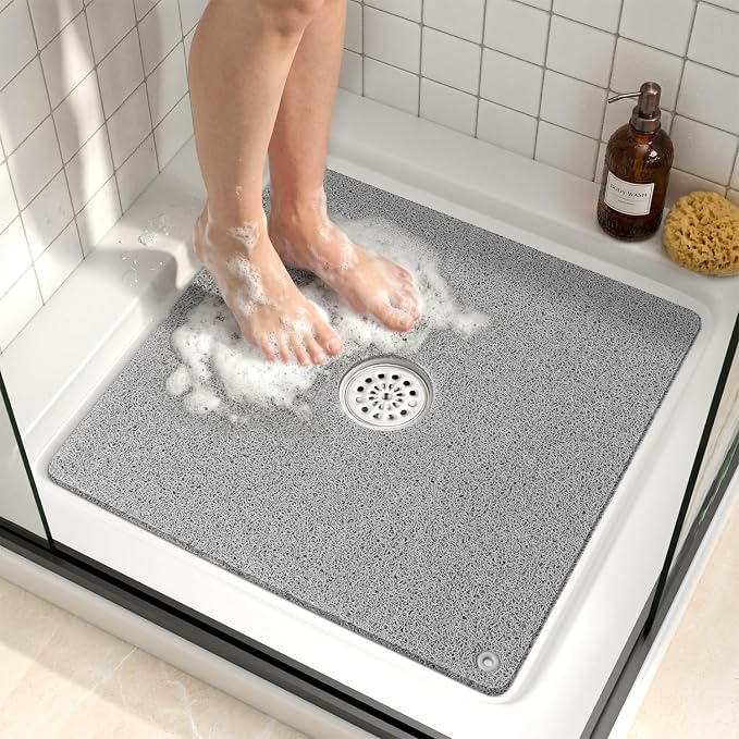 HITSLAM Non Slip Shower Mat for Textured Tub Floor, 21x21 Inch Square Loofah Bath Mat for Inside Shower Stall, Quick Drying, No Suction Cups, Grey
