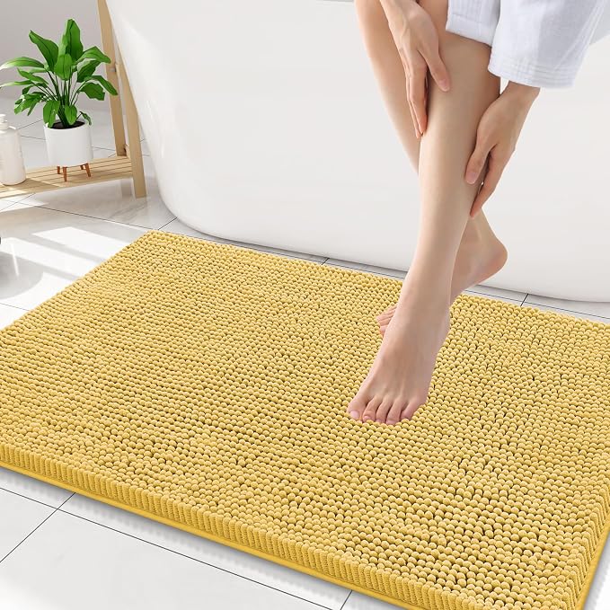 Smiry Luxury Chenille Bathroom Rugs 34x21, Extra Soft and Absorbent Shaggy Bath Mat, Machine Washable, Non-Slip Plush Carpet Runner for Tub, Shower, and Floor, Home Decor Accessories, Yellow
