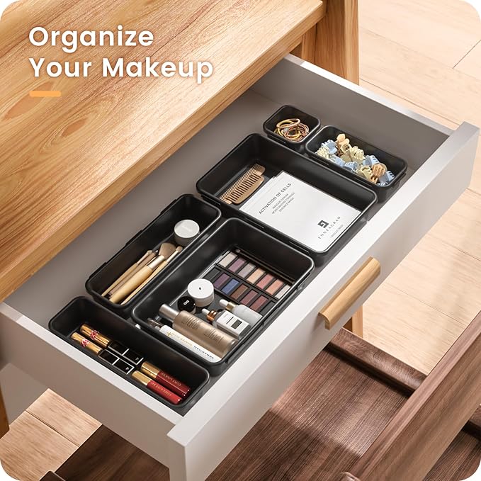 A-LuGei 【Military Grade Drawer Organizer, 【𝟱𝗦𝗶𝘇𝗲】 Makeup organizer, 【Holds 177 Items】 Bathroom Organizers and Storage, Organization and Storage, Desk Drawer Organizer for Vanity (Black)