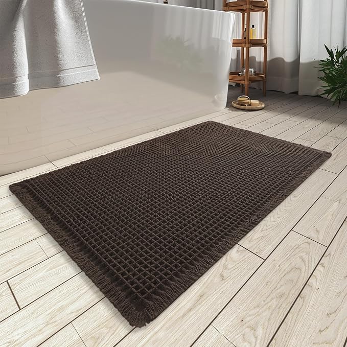 AMOAMI Upgraded Waffle Bath Mat, Super Absorbent Non Slip Bath Mats for Bathroom Floor, Washable Bathroom Rugs with Tassels, Rubber Backed Bathroom Mats, Ultra Soft, 24" x 36", Chocolate