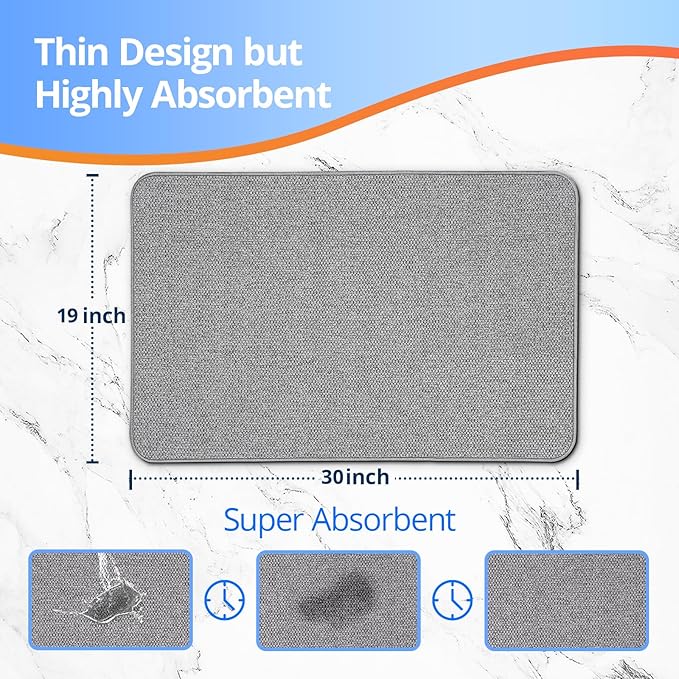 Upgraded Bath Mat 19x30Inch, Thin Bath Mats Rugs with Rubber Backing Non-Slip, Absorbent,Quick Dry Machine Washable, Home Decor Accessories Cozy Cloth Bathroom Rugs fit Under Door/Sink/Tub/Shower-Grey