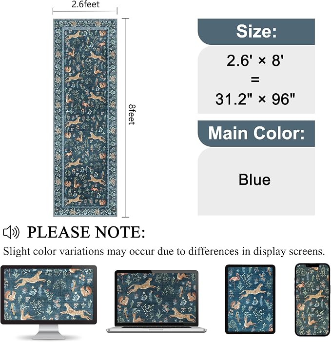 DUKINO 2.6x8 Rug for Hallway, Washable Kitchen Runner Rug with Non Slip Backing, Soft Low Pile Vintage Animal Runner for Bedroom, Kitchen, Hallway, Entryway, Laundry, Blue