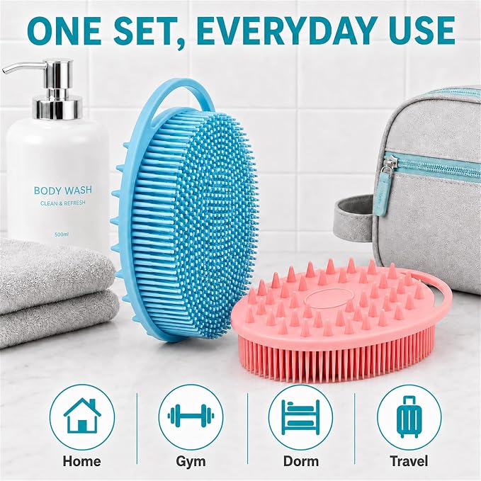 2 Pack Silicone Body Scrubber, Loofah Double-Sided Body Brush,Shower Scrubber and Scalp Massager Shampoo Brush for Sensitive Kids Women Men All Kinds of Skin (Pink & Blue)