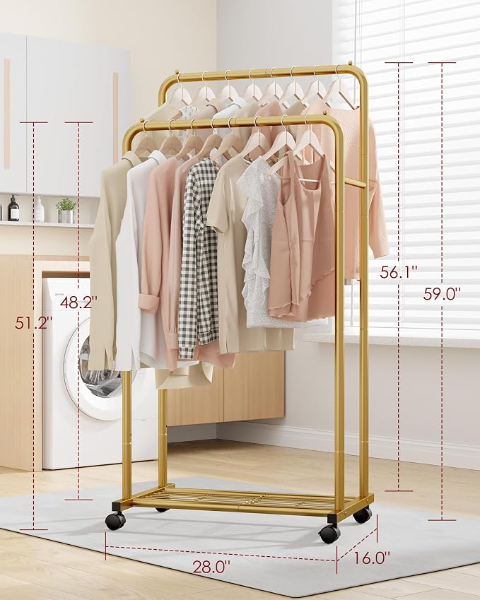 Sakugi Clothes Rack - Clothing Rack with Storage Mesh Shelf & Casters, Heavy-Duty Metal Clothing Rack for Hanging Clothes, Dresses, Coats, Large Load Capacity, Easy Assembly, Gold, 28.0"x16.0"x59.0"