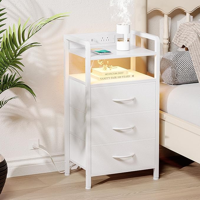 Lazzanto Night Stand Bedside Charger Bedroom - Nightstand with Charging Station, Bed Side Table with LED Light Strip, End Table with U-S-B Ports & AC Outlets, Storage Shelf & 3 Fabric Drawers, White