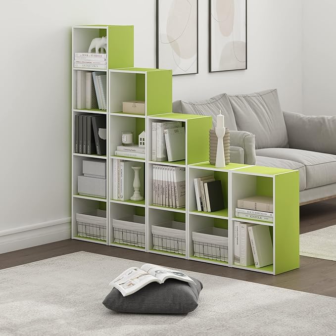 Furinno PASIR Book Shelf, 2-Tier Modern Bookshelf, Open Shelves Bookcase 9 x 12 x 21, Easy Assembly, for Living Room, Bedroom, Home Office, Green/White