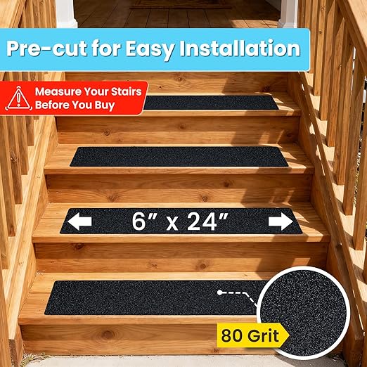 LifeGrip Anti Slip Traction Treads (5-Pack), 6 inch X 24 inch, Best Grip Tape Grit Non Slip, Outdoor Non Skid Tape, High Traction Abrasive Adhesive for Stairs Step, Black