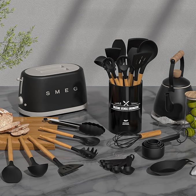 Kitchen Utensils Set- 34PCS Silicone Cooking Utensil with Holder, Umite Chef Heat Resistant Kitchen Spatula Set for Nonstick Cookware, Black Wooden Handles Kitchen Gadgets Tools Set