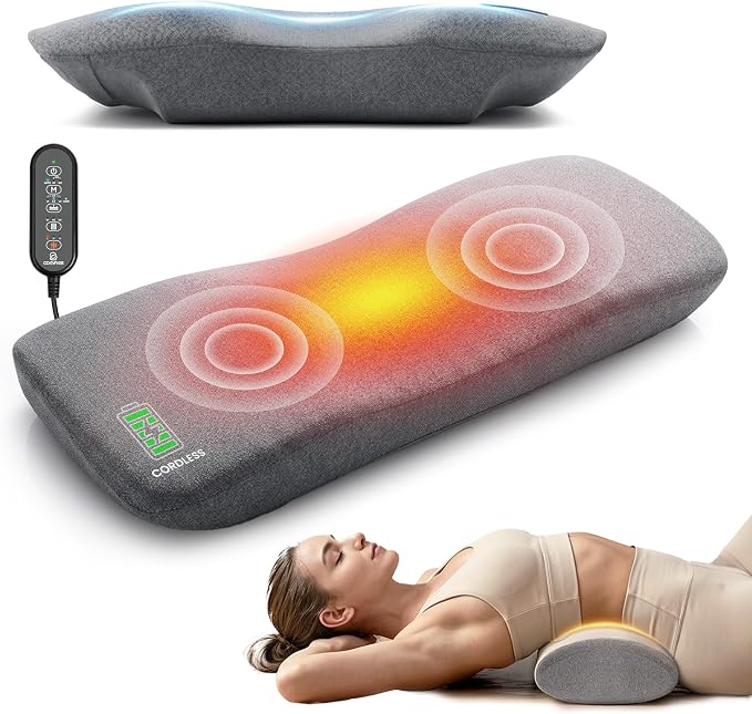 COMFIER 3-in-1 Cordless Lumbar Support Pillow with Remote Control, Smooth Spine Triple Fusion Back Massager with Graphene Heat, Vibration & Stretching, Ergonomic Lower Back Massager