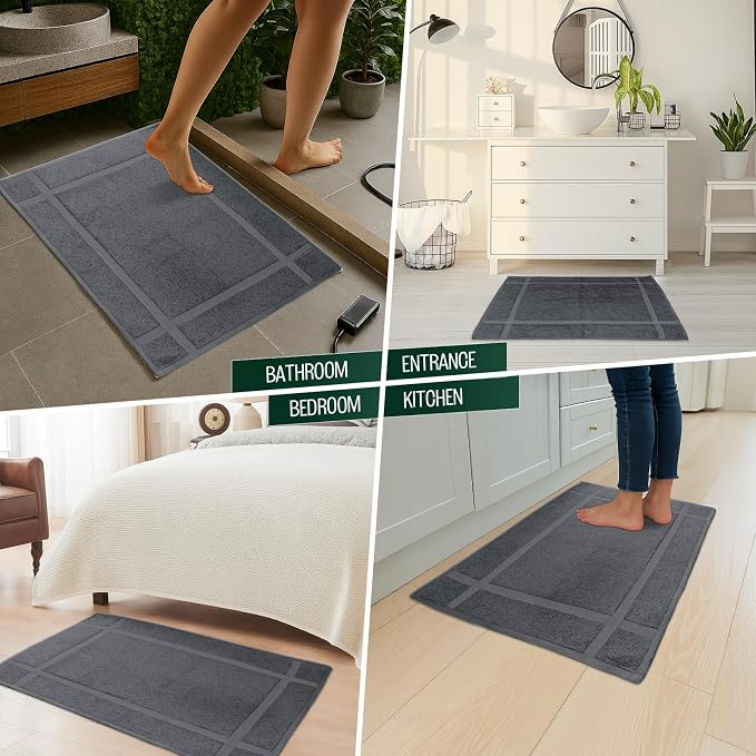 Pearl Linens 100% Ring Spun Cotton Bath Mat (Pack of 2) 18 x 25 Inch, Washable, Soft & Absorbent Terry Bathroom Floor Mat – Not Bathroom Rugs – Quick-Dry After Shower Bath Mat, 781 GSM, Dark Grey