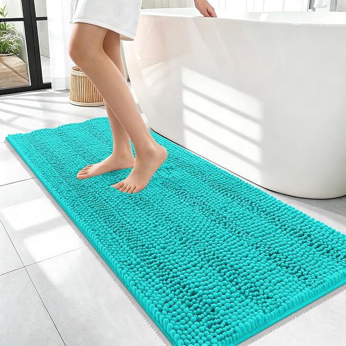 OLANLY Thick Bathroom Runner Rugs 47x17, Extra Absorbent Chenille Striped Bath Rugs, Rubber Backing, Machine Wash Dry, Long Bath Mats for Bathroom Floor, Tub and Shower, Home Decor Accessories, Teal