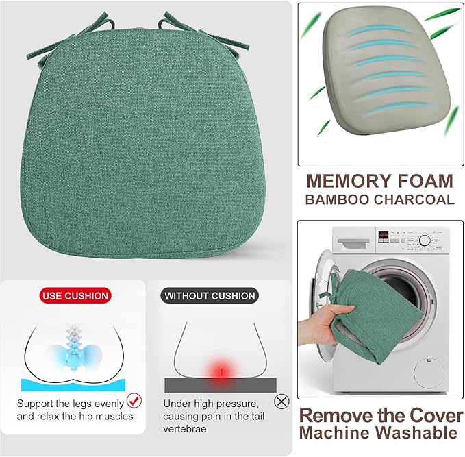 SINOSSO 6 Pack Memory Foam Chair Cushions for Dining Chairs, Friendly Woven Fabric 16" U-Shape Comfortable Kitchen Chair Pads, Removable Slip Resistant Seat Cushions (Set of 6, Green)