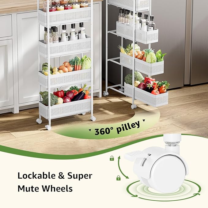 KINGRACK 5-Tier Slim Storage Cart with Pull Out Basket, Rolling Bathroom Organizer Utility, Metal Shelving Unit Slide Out, Lockable Wheels, Easy Assembly for Narrow Place, Kitchen, Laundry Room, White