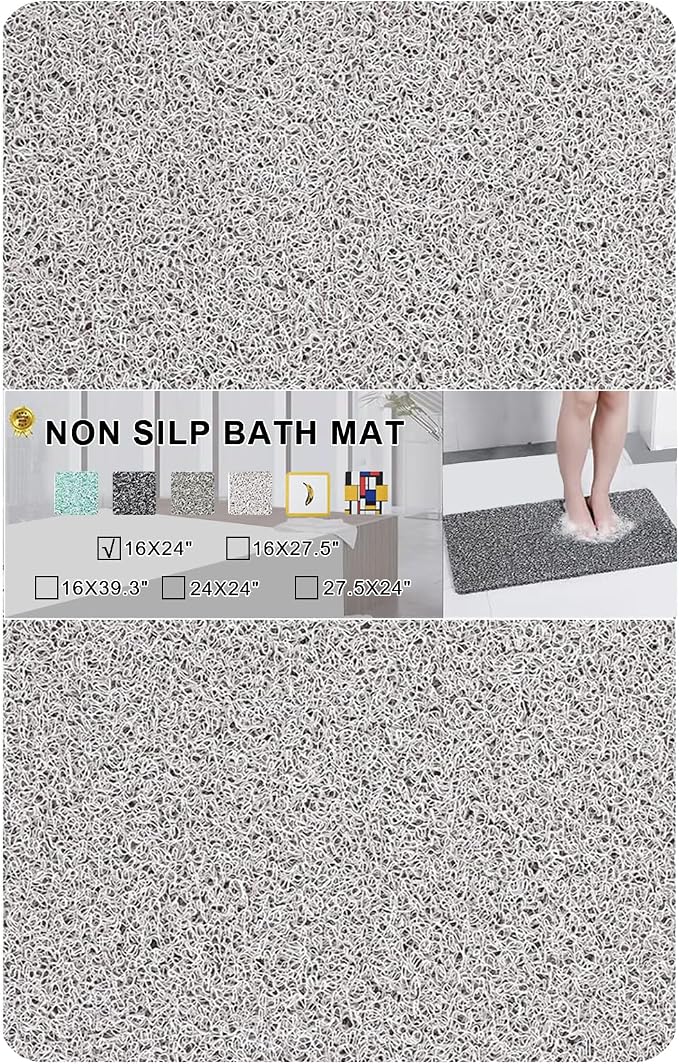 Nonslip Bathtub Mat, Anti Slip Bath Mat 0.6" Extra Thick, Quick Dry Bath Tub Anti Slip Shower Mat, Loofah Non-Slip Bath Mat for Tub Bathroom Pool Kitchen Entryway Home Hotel(Light Gray 16x24)