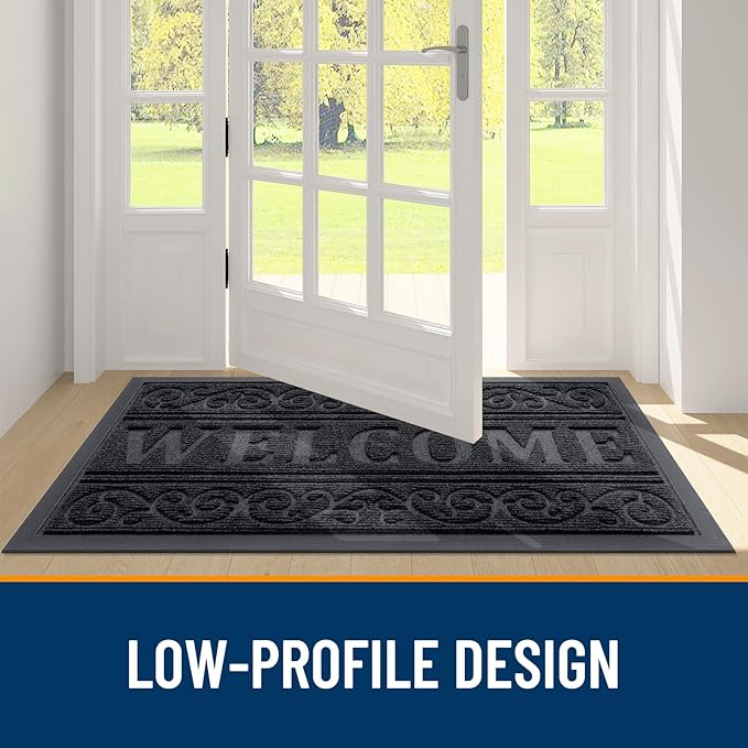 OLANLY Welcome Door Mat Indoor Outdoor Entrance, Heavy Duty Sturdy Front Door Mat, Waterproof All-Weather Doormat, Stain Resistant, Low Profile, Easy Clean Patio Entryway Mat, 29.5 x 17, Black