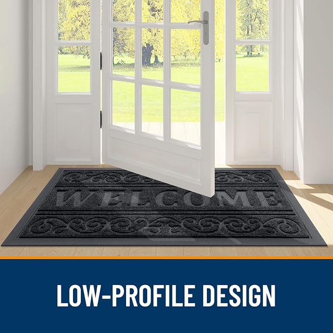 OLANLY Welcome Door Mat Indoor Outdoor Entrance, Heavy Duty Sturdy Front Door Mat, Waterproof All-Weather Doormat, Stain Resistant, Low Profile, Easy Clean Patio Entryway Mat, 36 x 24, Black