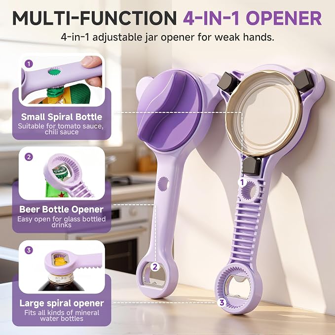 2026 Upgraded 4-in-1 Jar Opener - Adjustable Stainless Steel Lid Remover for Seniors & Arthritis Sufferers, Fits Kitchen Jars, Bottles & Cans Purple