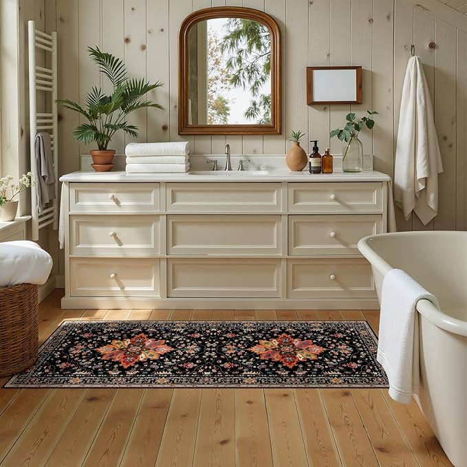 RELEANY Area Rugs Runner 2'x5' Washable Non-Slip, Floral Vintage Distress Medallion Carpet for Kitchen Hallway Bedroom Beside Laundry Room Bathroom, Black Colorful Floral Dark Tan