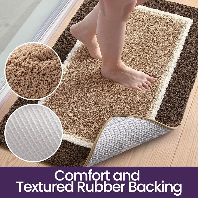 DEXI Bathroom Rugs 24x16, Absorbent Extra Soft Plush Microfiber Bath Mat for Bathroom, Non Slip Washable Bathmat Quick Dry for Shower Floor, Sink, Tub, Laundry Room, Brown and Dark Beige