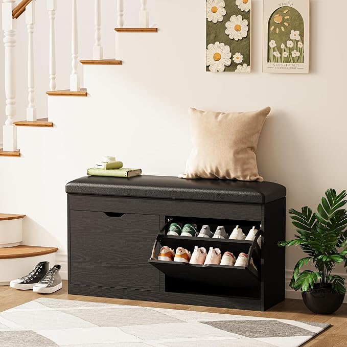 40" Shoe Storage Bench with Flip Drawers Padded Seat Cushion, Shoe Cabinet with Lift Top Storage Box, Shoe Bench Shoe Organizer for Entryway, Hallway, Living Room, Black